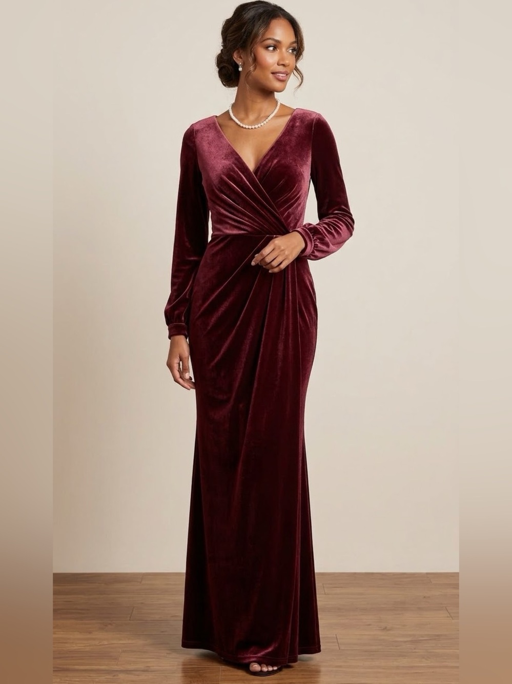 REVERLY Vera Velvet Burgundy Long-Sleeve Wrap Gown dress size 6